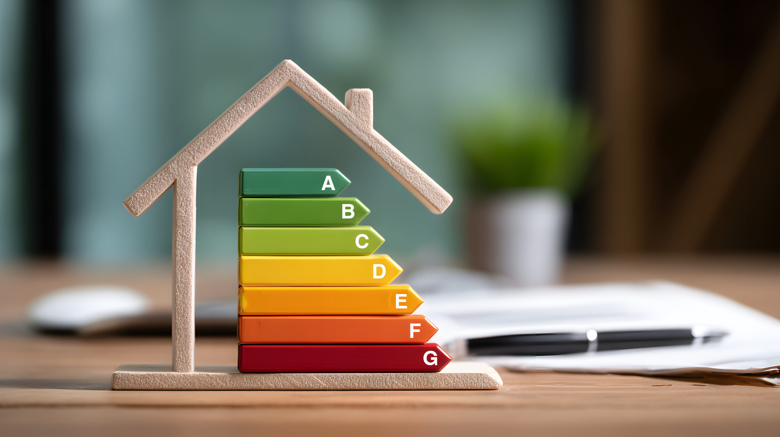 Services diagnostic de performance énergétique (dpe) d'une maison sur un bureau moderne avec des documents en arrière plan