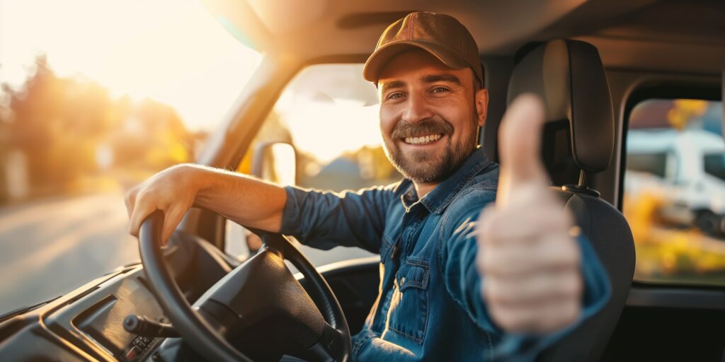 a cheerful truck driver is giving a thumbs up from his cab, suggesting a sense of satisfaction with his work